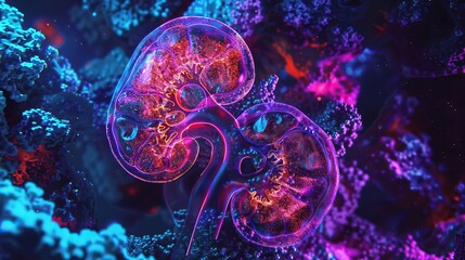 Obraz premium A detailed synthwave art piece depicting the kidney, using neon colors to differentiate between macro anatomy and micro cellular structures for a visually striking educational tool