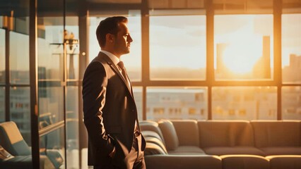 A professional man wearing a suit stands confidently in front of a large window, showcasing a view beyond, Elegant portrait of a businessman in a modern penthouse office