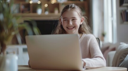 home, education, technology and internet concept - smiling teenage girl with laptop computer sitting