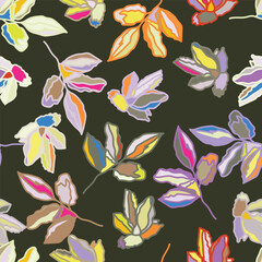 Leaves seamless pattern. Organic leaves cartoon background, simple nature shapes in vintage pastel colors. 