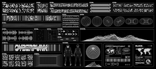 Futuristic design elements. 3D wireframe shapes, cyberpunk windows, barcode and QR-code, high and low poly human. Vector blanks sticker for a poster, banner