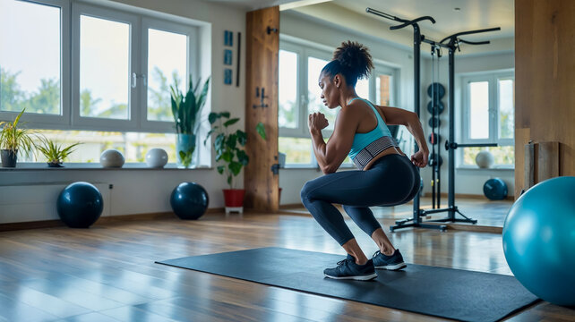 femme &agrave; la peau noire en train de faire des exercices de sport &agrave; la maison