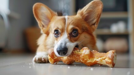 A Corgi gnawing on a large raw bone, placed on a clean white surface to highlight the contrast and focus on the feeding act