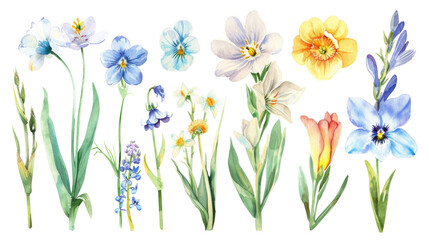 Watercolor flowers isolated on transparent background 