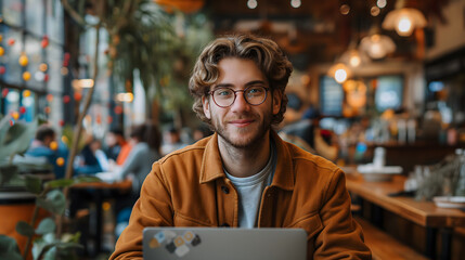 Young man working on laptop, IT programmer freelancer or student with computer in cafe at table looking in camera