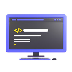 computer monitor with a code symbol on the screen. 3d illustration icon. Cartoon minimal style.