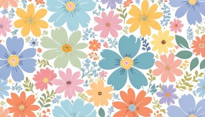 Fototapeta premium Trendy floral seamless pattern collection. Set of vintage 70s-style flower background illustrations. Colorful pastel color groovy artwork bundle, y2k nature backgrounds with spring plants.