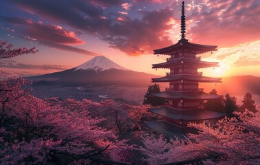 Japanese pagoda, building or house intersecting with the beautiful mount fuji scenery, stunning view, created with AI