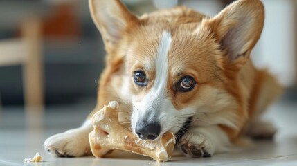 A Corgi gnawing on a large raw bone, placed on a clean white surface to highlight the contrast and focus on the feeding act