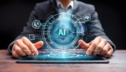 artificial intelligence hologram on a black background; man working with new technologies 