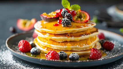 Tasty pancakes with passion fruit and berries on table