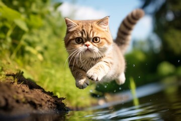Full-length portrait photography of a cute exotic shorthair cat pouncing on peaceful riverside