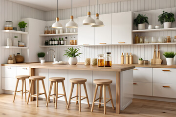 space for displaying your product on a white kitchen tabletop with spice bottles and stuff in a modern Scandinavian kitchen