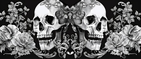 Monochrome symmetrical skulls and flowers pattern design
