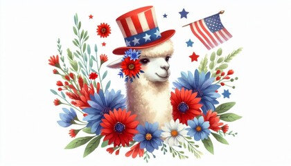 Naklejka premium Alpaca 4th July Watercolor Celebration USA (United State) Art Cute Cartoon For Independence Day Animal Patriotic with American Flag Memorial Day Clip Art
