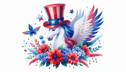 Fototapeta premium Pegasus 4th July Watercolor Animal Patriotic with American Flag Celebration USA (United State) Art Cute Cartoon For Independence Day Memorial Day Clip Art