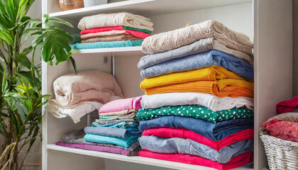Stack of folded colorful clothes on white wardrobe shelf at home. Laundry and household.