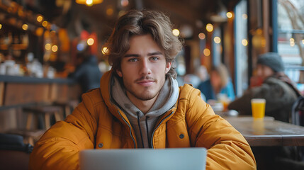 Young man working on laptop, IT programmer freelancer or student with computer in cafe at table looking in camera