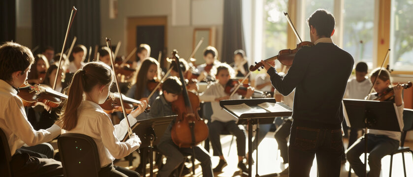 Conductor leads young orchestra in rehearsal, imparting the art of ensemble music.