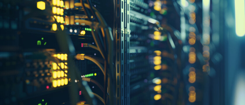 High-tech server racks glowing with activity in a modern data center corridor.