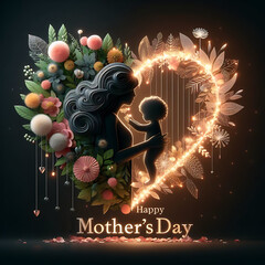 Abstract 3d shape Half Heart half mom with child and colorful flowers Happy Mother's Day Banners