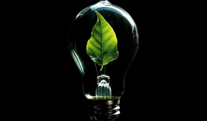 Green leaf in a lightbulb on black background - eco energy concept