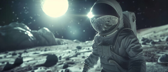 Astronaut salutes before a celestial body, standing on a lunar surface. - Powered by Adobe