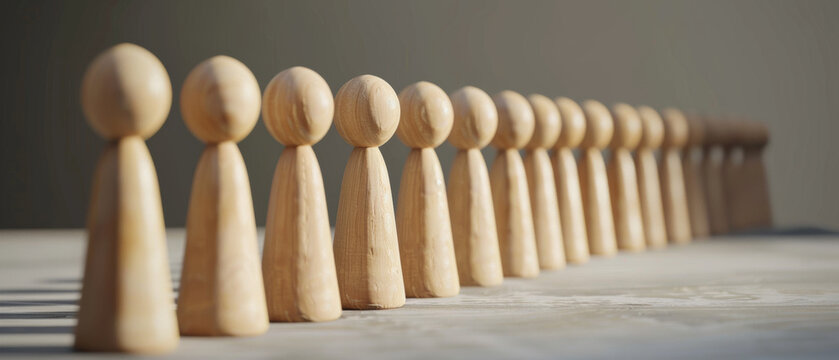 A row of wooden figures stands in a unified line on a sunlit table.