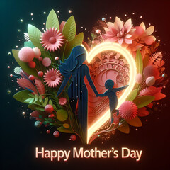 Abstract 3d shape Half Heart half mom with child and colorful flowers Happy Mother's Day greeting card