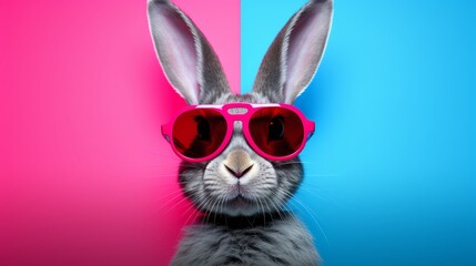 Stylish bunny sporting fashionable sunglasses on vibrant pink and blue background
