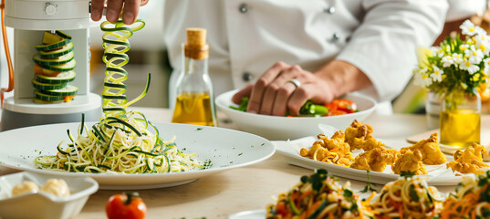 of a kitchen scene where a chef is spiralizing zucchini for a low-carb, healthy meal prep, with the final dishes displayed next to the spiralizer, Meal, Food, Delivering, Take Out