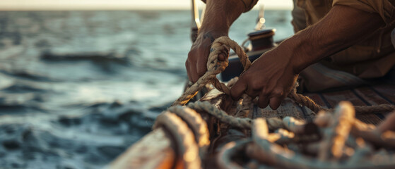 Hands of a sailor tying a secure knot on a sailing boat during sunset.