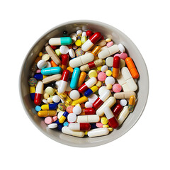 Bowl filled with capsules and tablets, background, top angle on transparent background