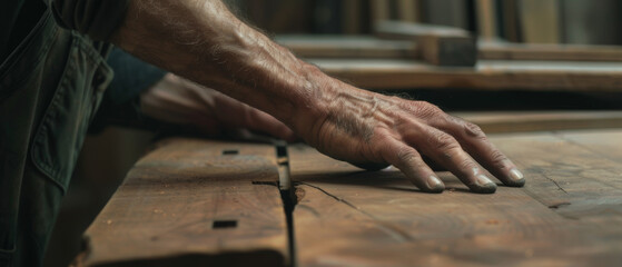 Craftsman's worn hands thoughtfully caressing a wooden workbench.