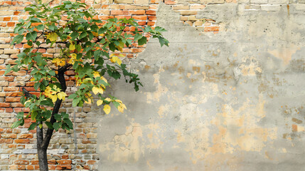 The tree and leaves in font of the old brick wall