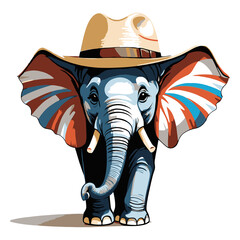 Vibrant illustration of an elephant wearing a patriotic hat, with a colorful, graphic design emphasizing its cheerful expression.