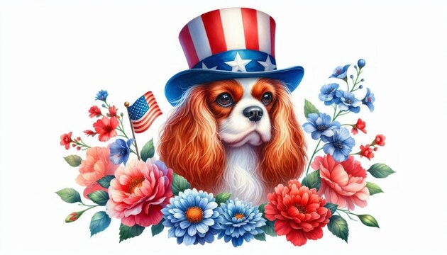 recommend clip art: Cavalier King Charles Spaniel Dog 4th July Watercolor Memorial Day Clip Art Celebration USA (United State) Art Cute Cartoon For Independence Day Animal Patriotic with American Flag
