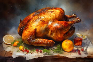 Turkey sitting on the table ready with Thanksgiving booze,ai