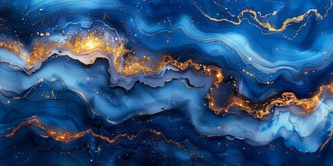 Fototapeta premium Blue and gold texture of a plastered wall pattern design. Blue old rough plaster background wallpaper. Blue rough painted wall surface. Raster bitmap illustration. AI artwork.