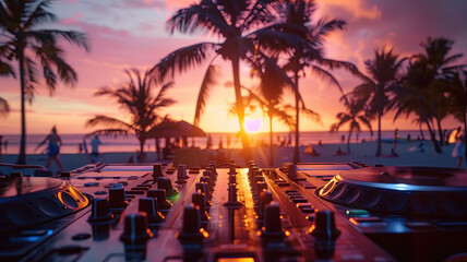 Close up of a DJ console in the background of a sunset party on a beach with palm trees. Summer disco on the beach. Background.