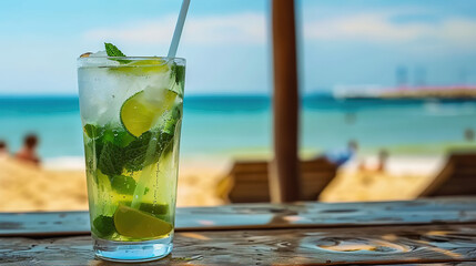 Mojito at a serene beach setting, offering a refreshing escape and a tropical sip of relaxation