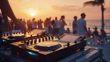 Close up of a DJ console in the background of a sunset party on a beach with palm trees. Summer disco on the beach. Background.