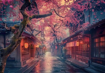 Traditional Japanese street, architecture, minimal, stunning cherry blossoms, clean, created with AI