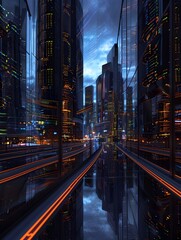 Futuristic Cityscape with Illuminated Skyscrapers and Glowing Road Trails