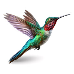 Fototapeta premium Image of flying hummingbird on a white background. Bird, Wildlife Animals. Illustration, Generative AI.