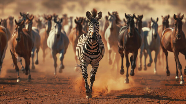 Zebra taking the lead in a wild stampede of horses across a dusty African plain.