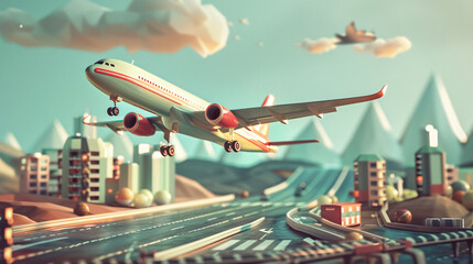Travel concept 3d illustration Aeroplane takeoff