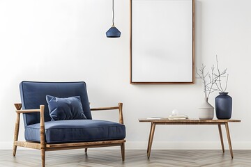 Blue armchair near wooden long coffee table against of white wall with big art canvas poster frame. Mid-century interior design of modern living room.