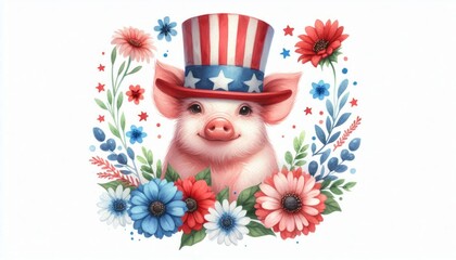 Pig 4th July Watercolor Animal Patriotic with American Flag Celebration USA (United State) Art Cute Cartoon For Independence Day Memorial Day Clip Art