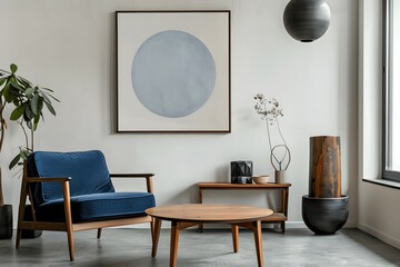 Blue armchair near wooden long coffee table against of white wall with big art canvas poster frame. Mid-century interior design of modern living room.